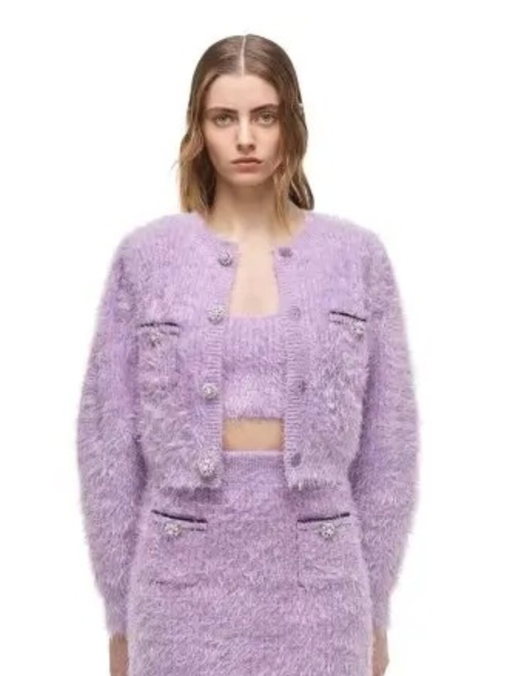 Self-Portrait Fluffy-Knit Cropped Cardigan and Top SET in Lilac